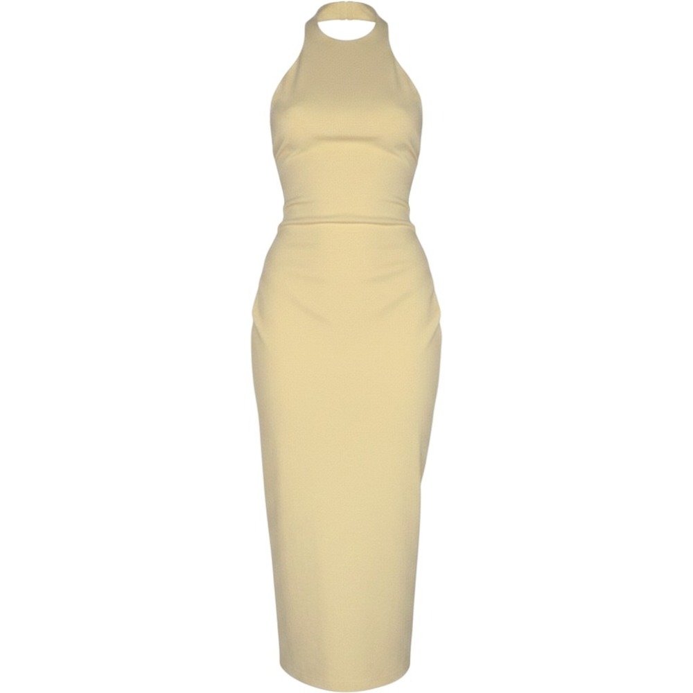 Butter Yellow Halter Dress M Ruched Open Back Midi Pastel Summer Party